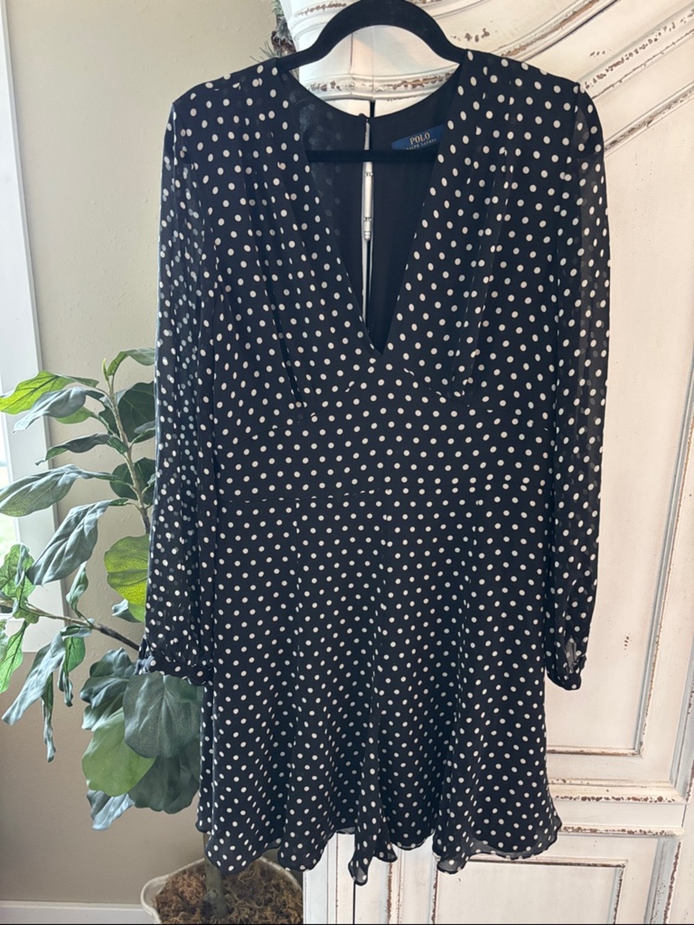 POLO Ralph Lauren Long Sleeve Polka Dot Mini Dress Size 14 Mulberry Silk